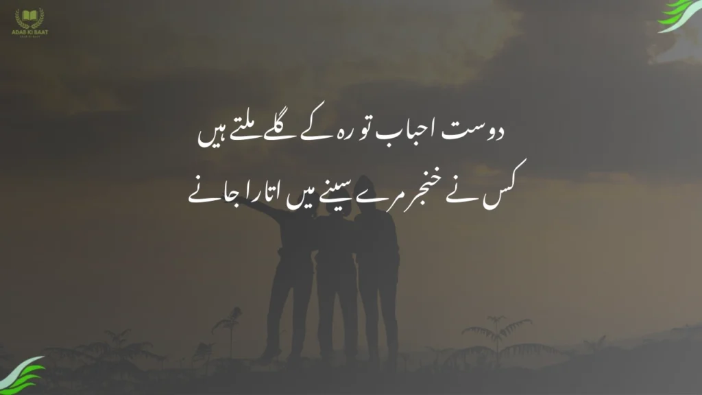 دوست احباب تو رہ کے گلے ملتے ہیں کس نے خنجر مرے سینے میں اتارا جانے دوست احباب تو رہ کے گلے ملتے ہیں
کس نے خنجر مرے سینے میں اتارا جانے