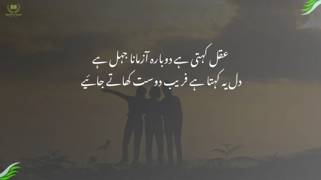 عقل کہتی ہے دوبارہ آزمانا جہل ہے عقل کہتی ہے دوبارہ آزمانا جہل ہے
دل یہ کہتا ہے فریب دوست کھاتے جائیے