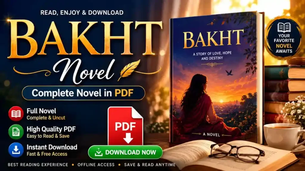 Bakht Novel PDF Download featured image showing the Bakht Urdu novel book cover, PDF download icon, reading-themed background, and digital download concept for readers looking to read or download Bakht Novel by Mehrunnisa Shahmeer