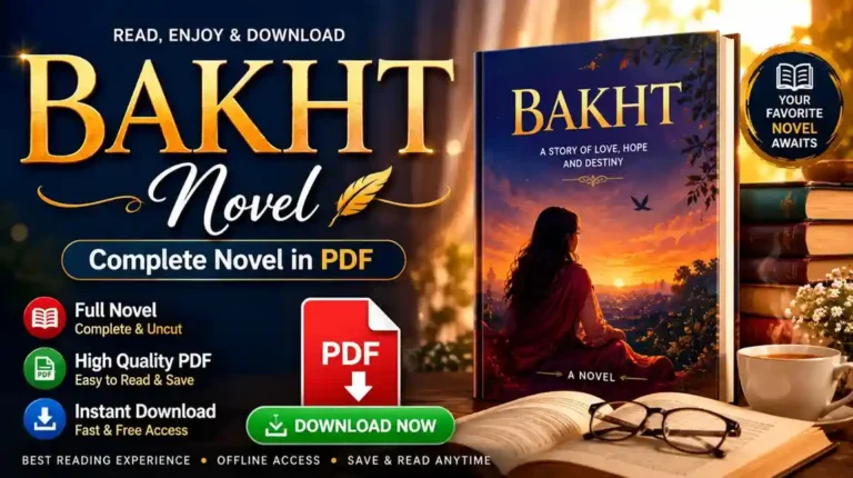 Bakht Novel PDF Download featured image showing the Bakht Urdu novel book cover, PDF download icon, reading-themed background, and digital download concept for readers looking to read or download Bakht Novel by Mehrunnisa Shahmeer