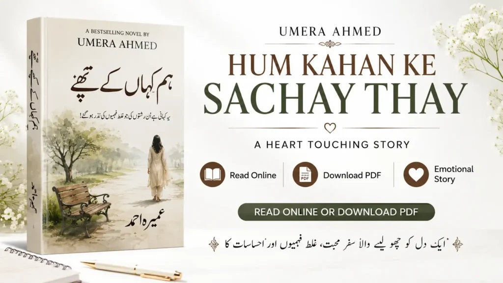 Hum Kahan Ke Sachay Thay Novel PDF Download by Umera Ahmed featured image with emotional Urdu novel aesthetic and light background